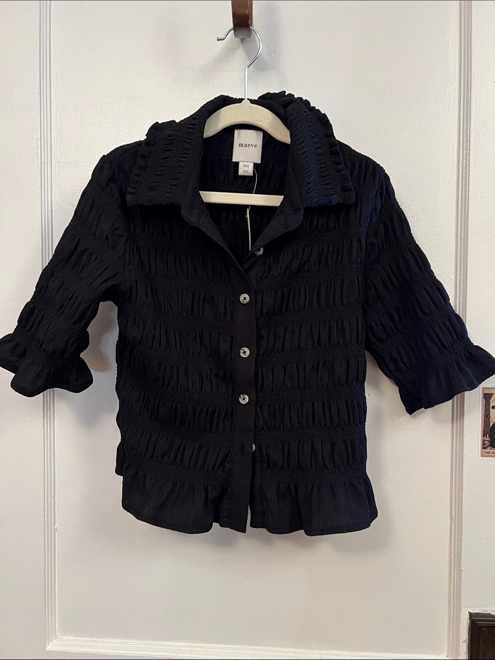 Maeve Black Smocked Button-Front Shirt with Ruffle Hem